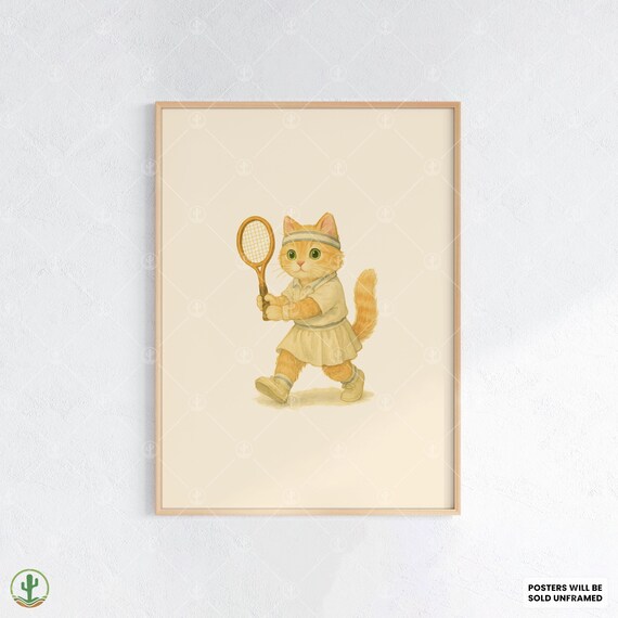 Cute Kitten Tennis Player Watercolor Poster for Kids Room Decor