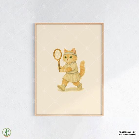 Cute Tennis Cat Poster Print Watercolor Orange Kitten Holding Racket In White Sports Outfit Kids Animal Wall Art Decor