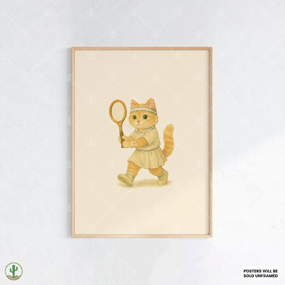 Cute Kitten Tennis Player Watercolor Poster for Kids Room Decor