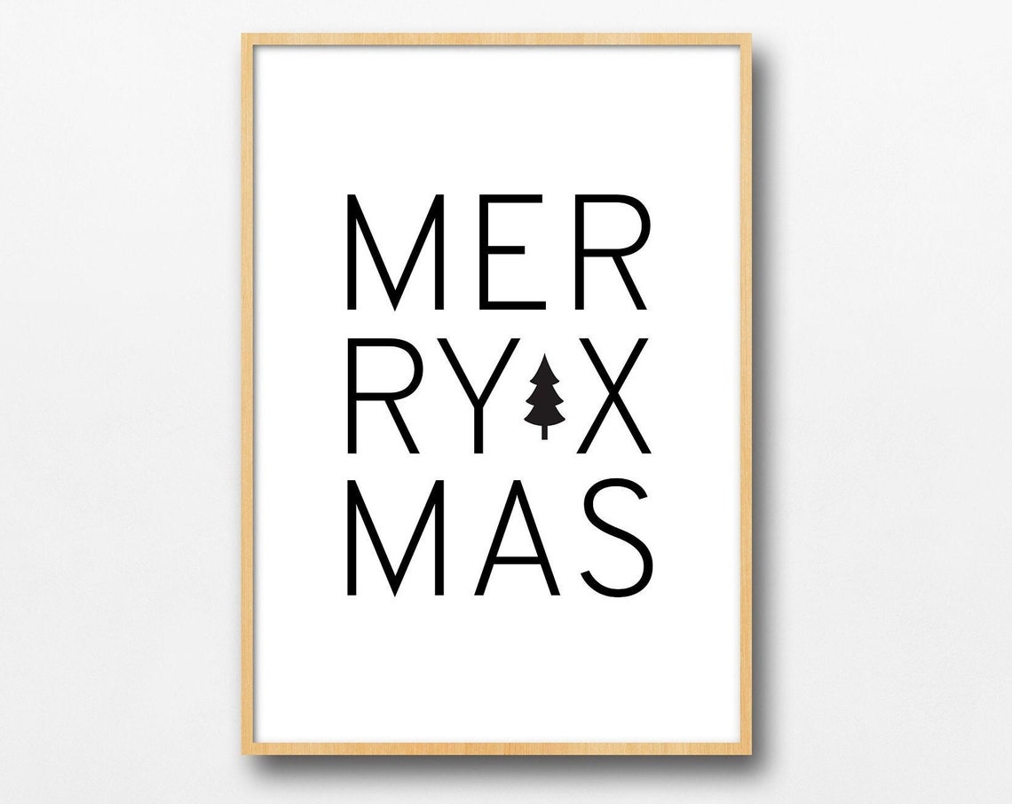 Merry Xmas Pine Tree Typography Minimal Christmas Wall Decor Poster