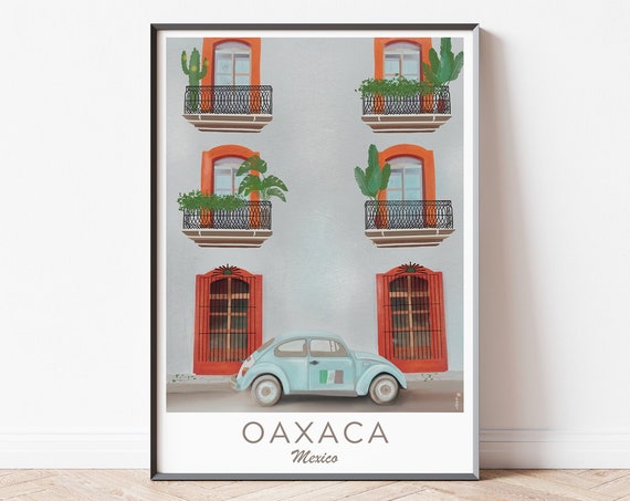 Oaxaca Mexico Print Mexico Illustration Poster Mexico Art Print Vw Beatle Illustration Mexico Travel Print Oaxaca Art Mexico Drawing