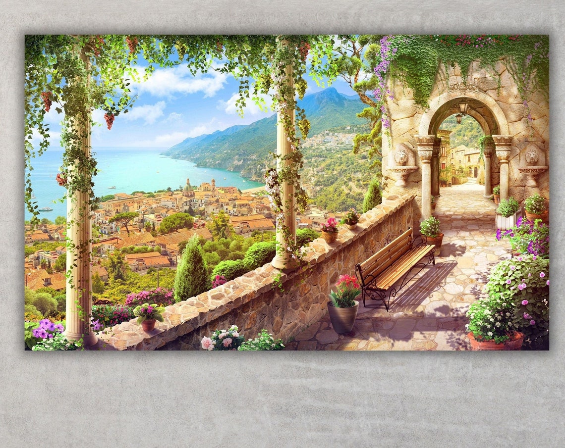 Mediterranean Coastal Terrace Vine Pergola Seaside Village Poster