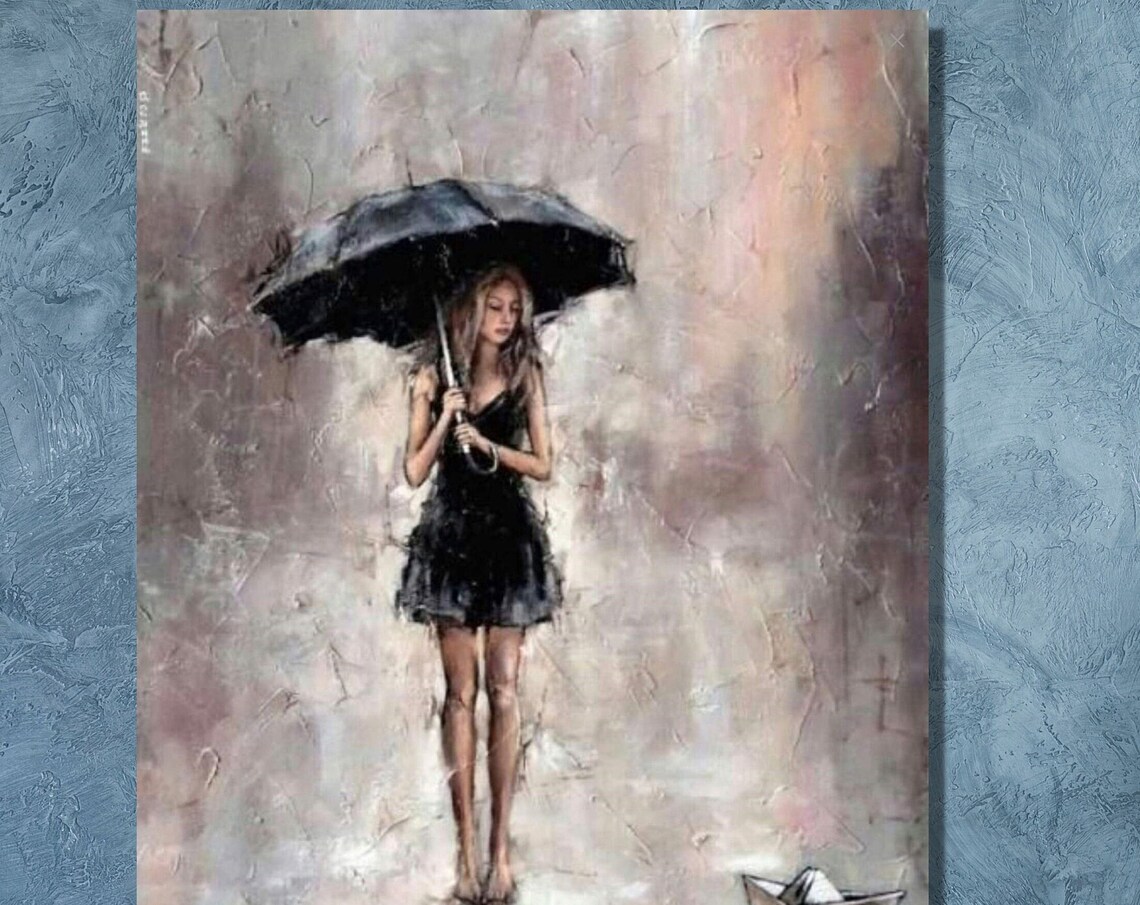 Rainy Day Woman Black Umbrella Moody Palette Knife Figure Painting Print