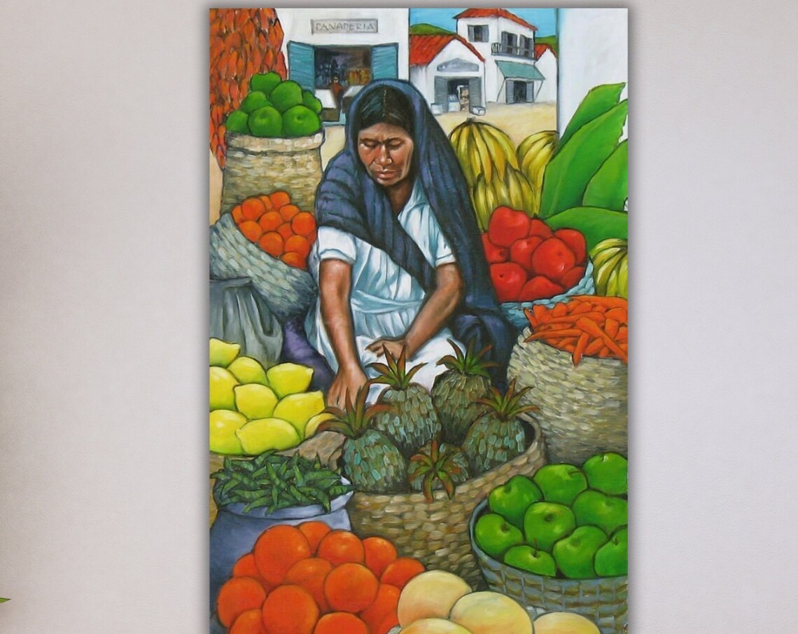 Mexican Market Vendor Woman Fruits Vegetables Colorful Folk Poster