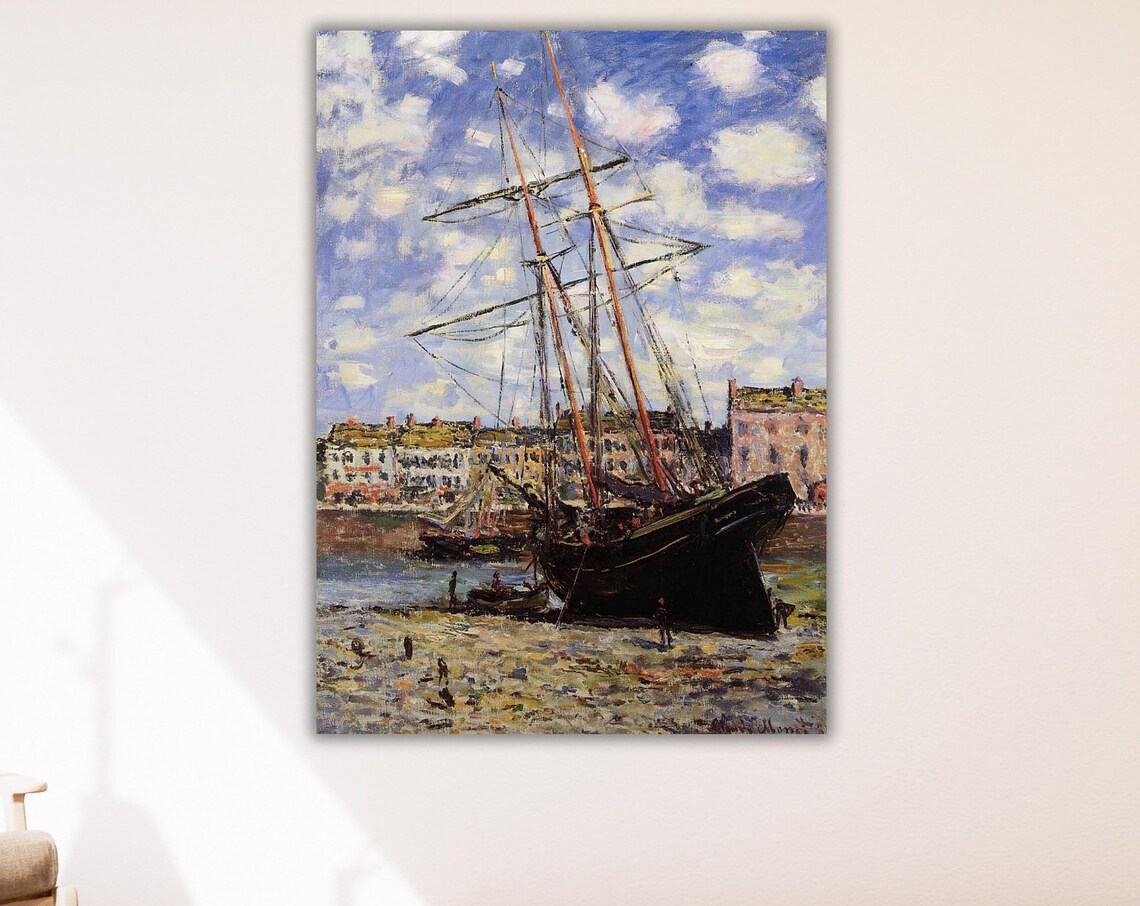Claude Monet Beached Sailing Ship Low Tide Harbor Impressionist Art Poster