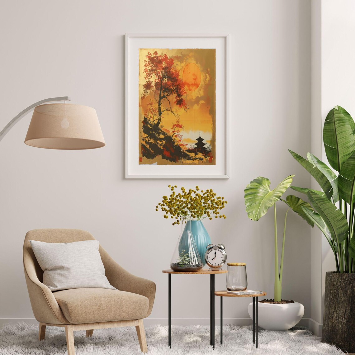 Golden Sunset Landscape With Pagoda, Minimalist Japanese Inspired - Image 3