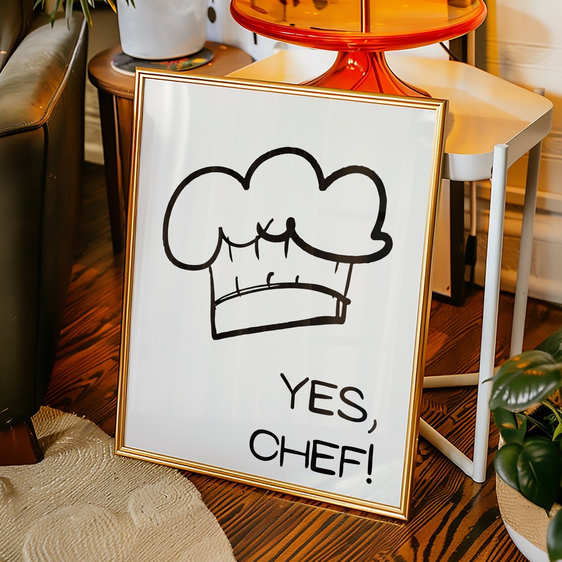 Yes Chef Funny Chef Hat Line Art Modern Kitchen Decor Wall Poster