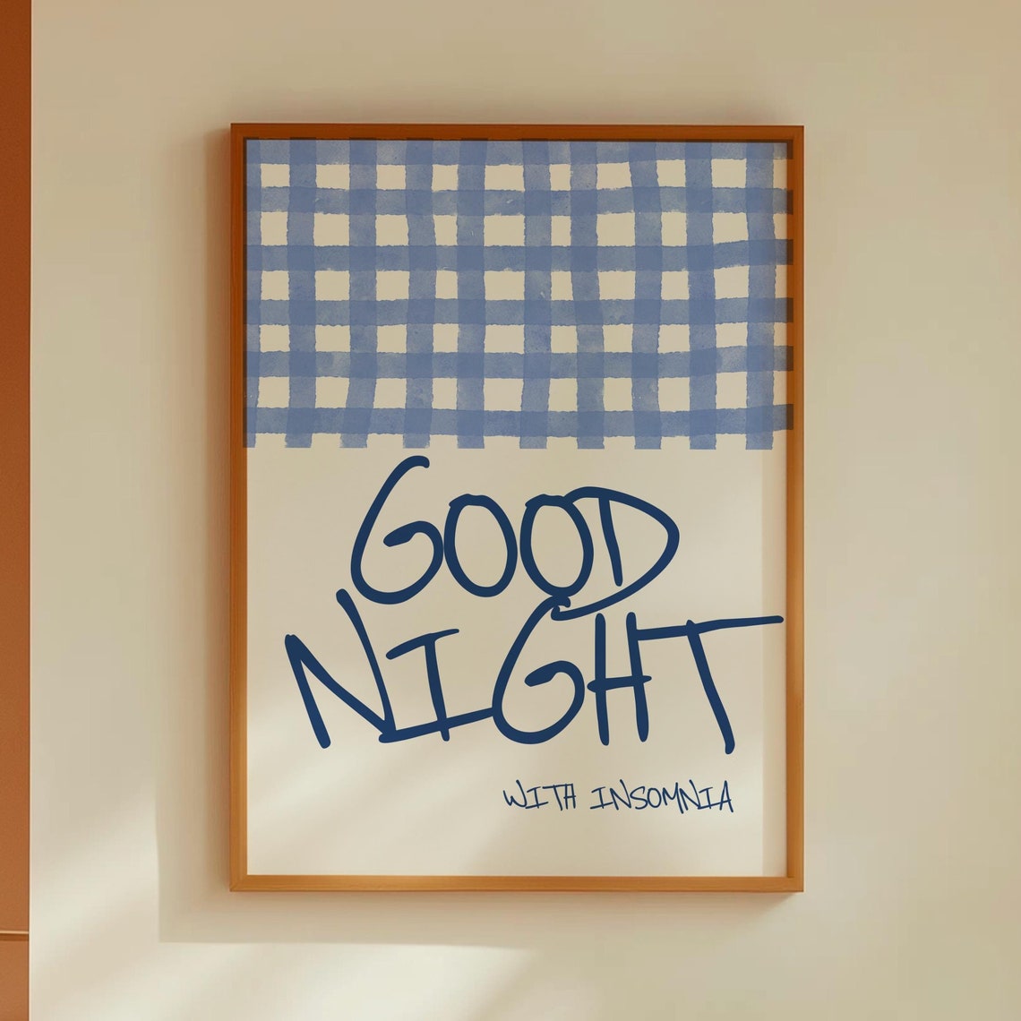 Good Night With Insomnia Blue Gingham Script Bedroom Quote Poster