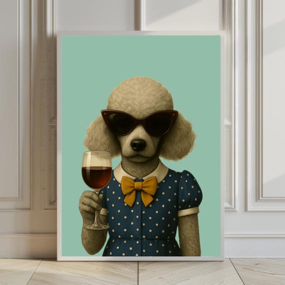 Elegant Poodle Wine Poster Funny Retro Dog Print Instant