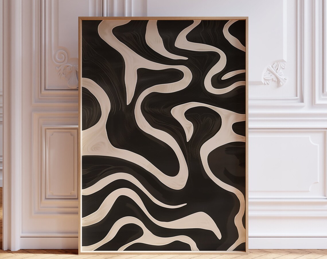 Black and Cream Japandi Wavy Abstract Zen Line Artwork Poster