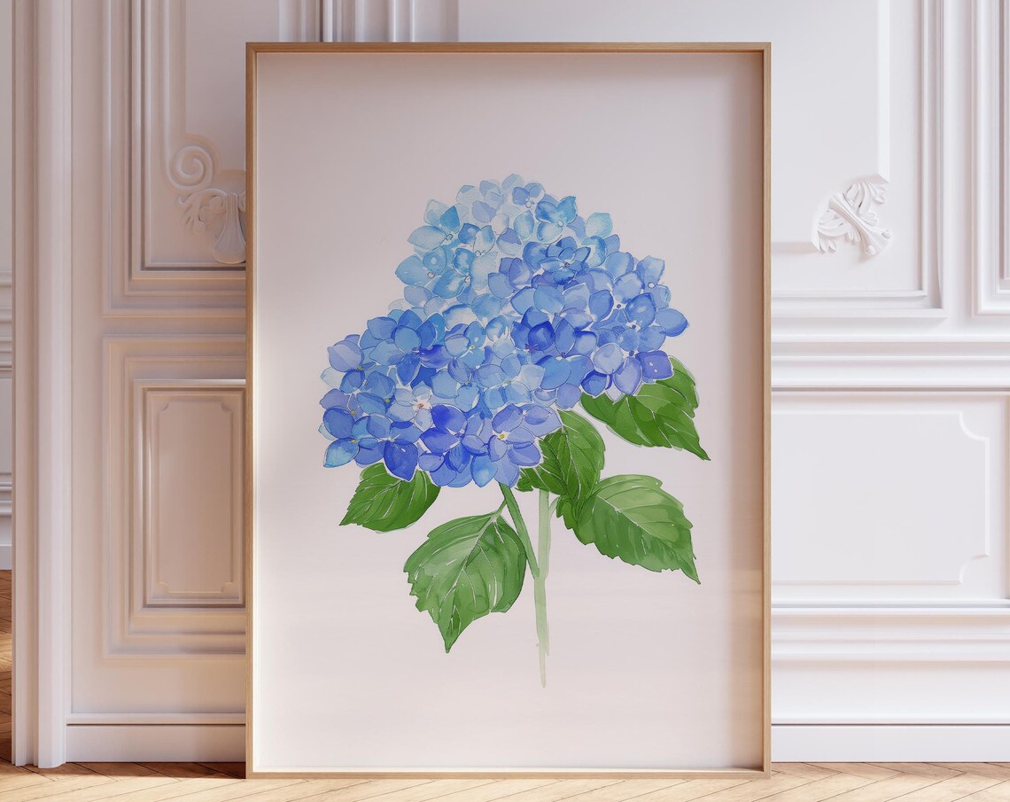 Blue Hydrangea Watercolor Botanical Coastal Grandma Flower Poster