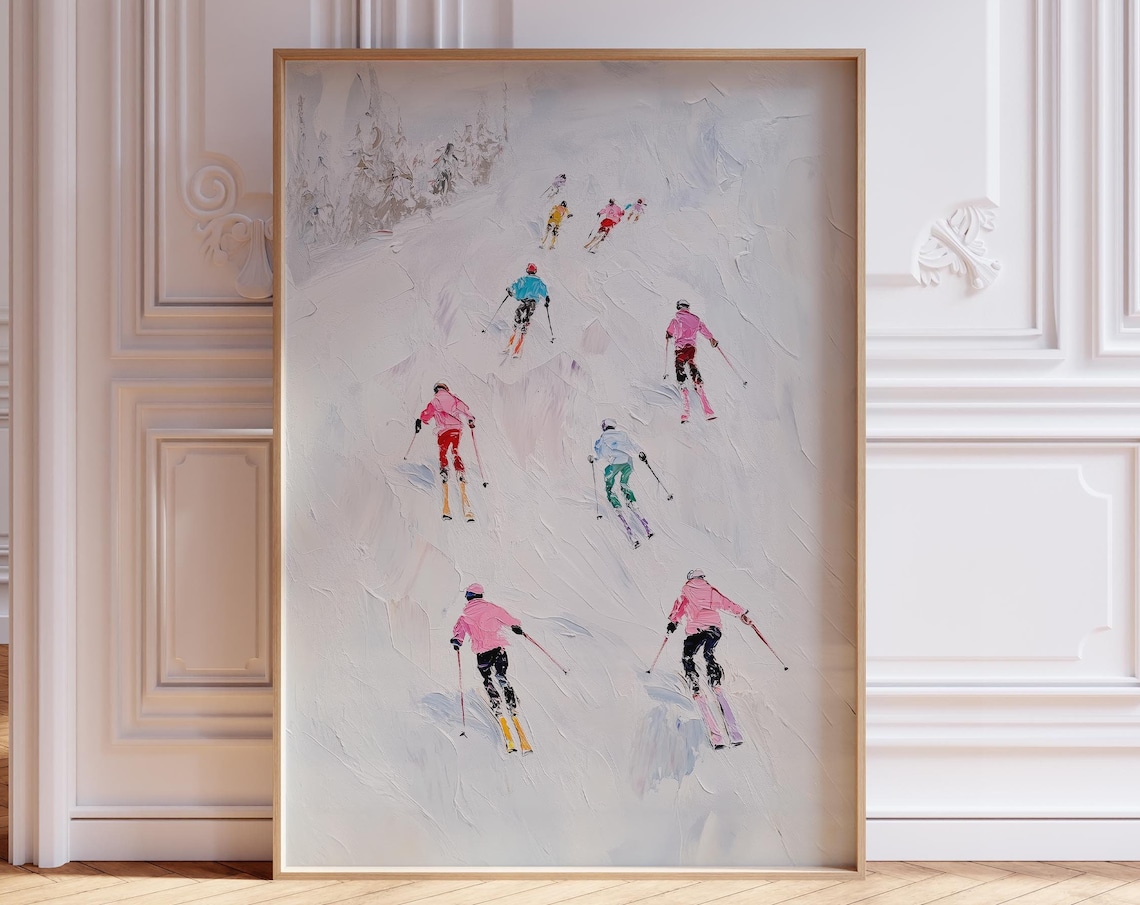 Pink Skiers Descending Snowy Slope Retro Oil Painting Winter Poster