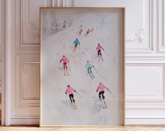 Retro Ski Poster Vintage Pink Print Mini Skier Skiing Snowy Mountain