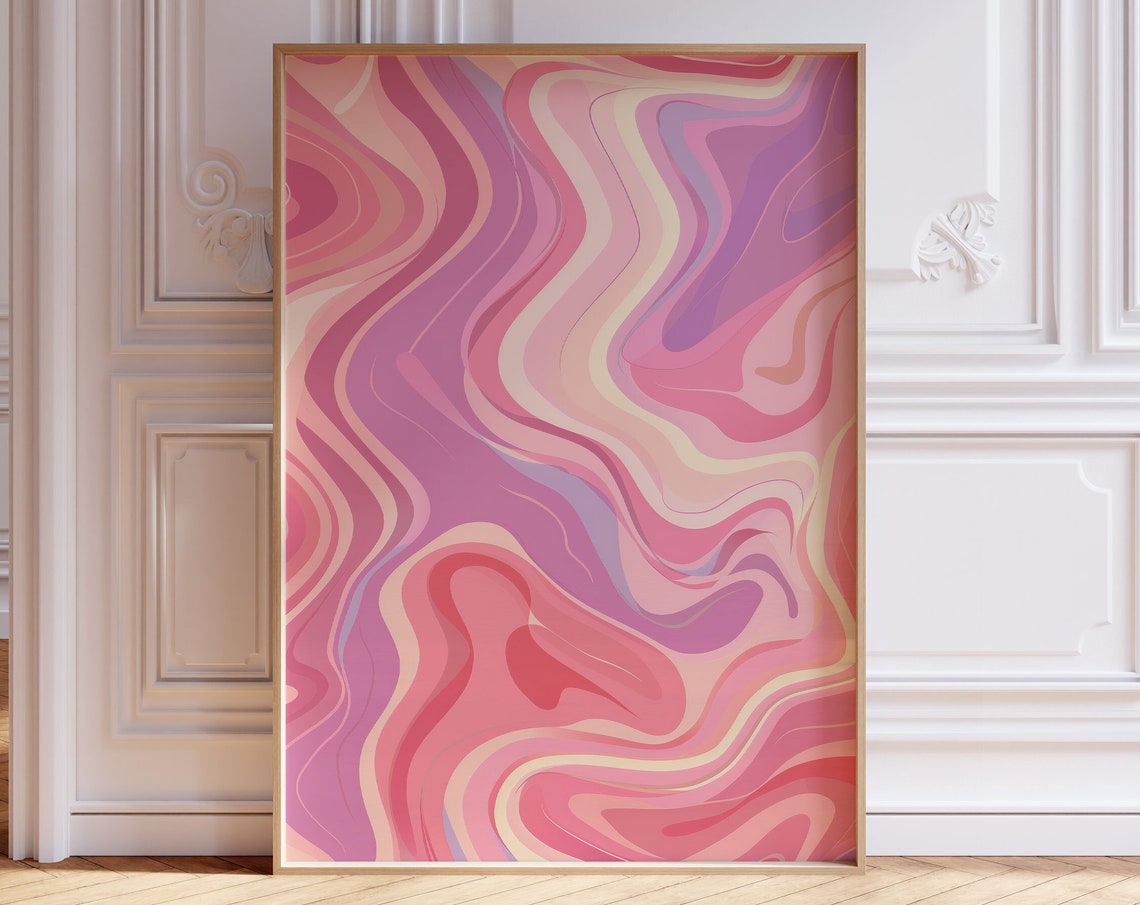Wavy Wall Art Pink Retro Abstract Artwork Poster Groovy Print Blue