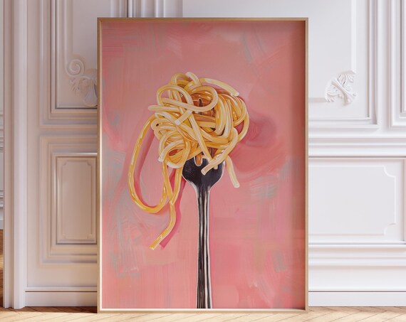 Pink Pasta Print Spaghetti Girly Trendy Food For Kitchen Cute Wall Art