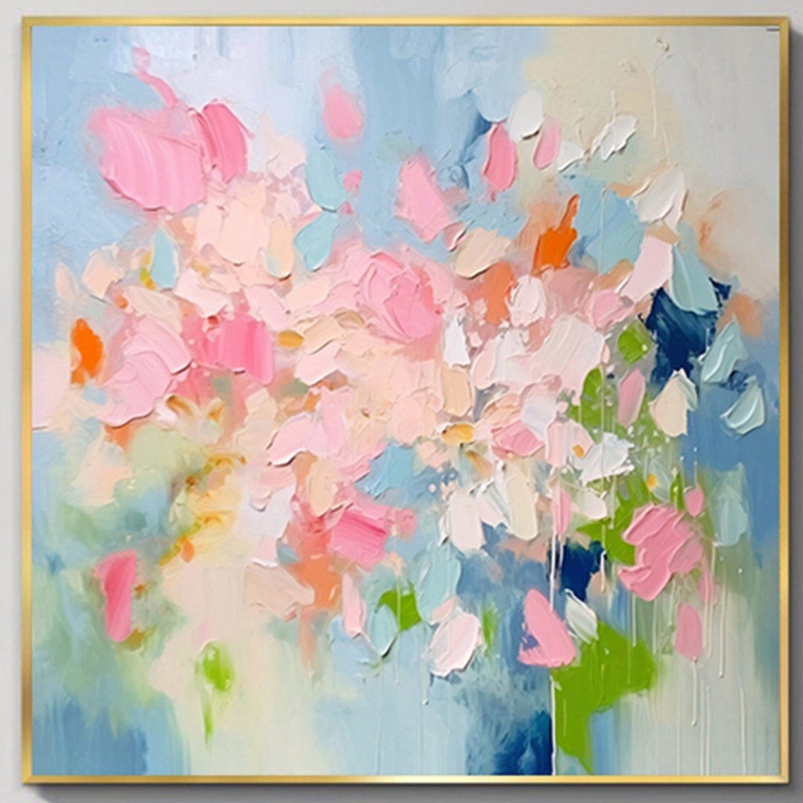 Pink White Blossom Burst Blue Green Abstract Floral Wall Art