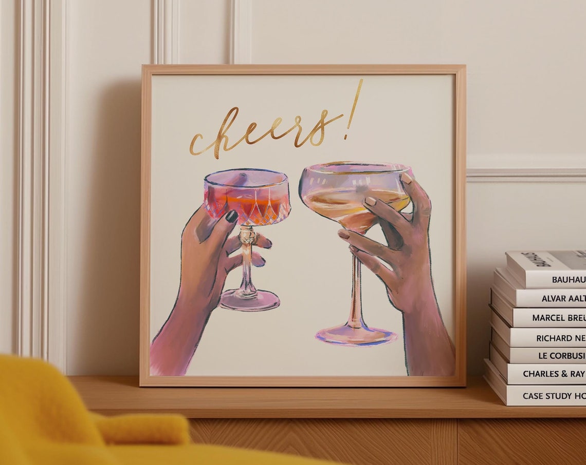 Cheers Gold Script Cocktail Glasses Bar Cart Clinking Art Poster - Image 5