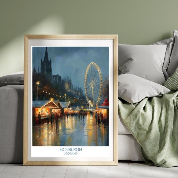 Edinburgh Poster Scotland Great Britain Print United Kingdom Scottish Christmas Market Wall Art Illustration