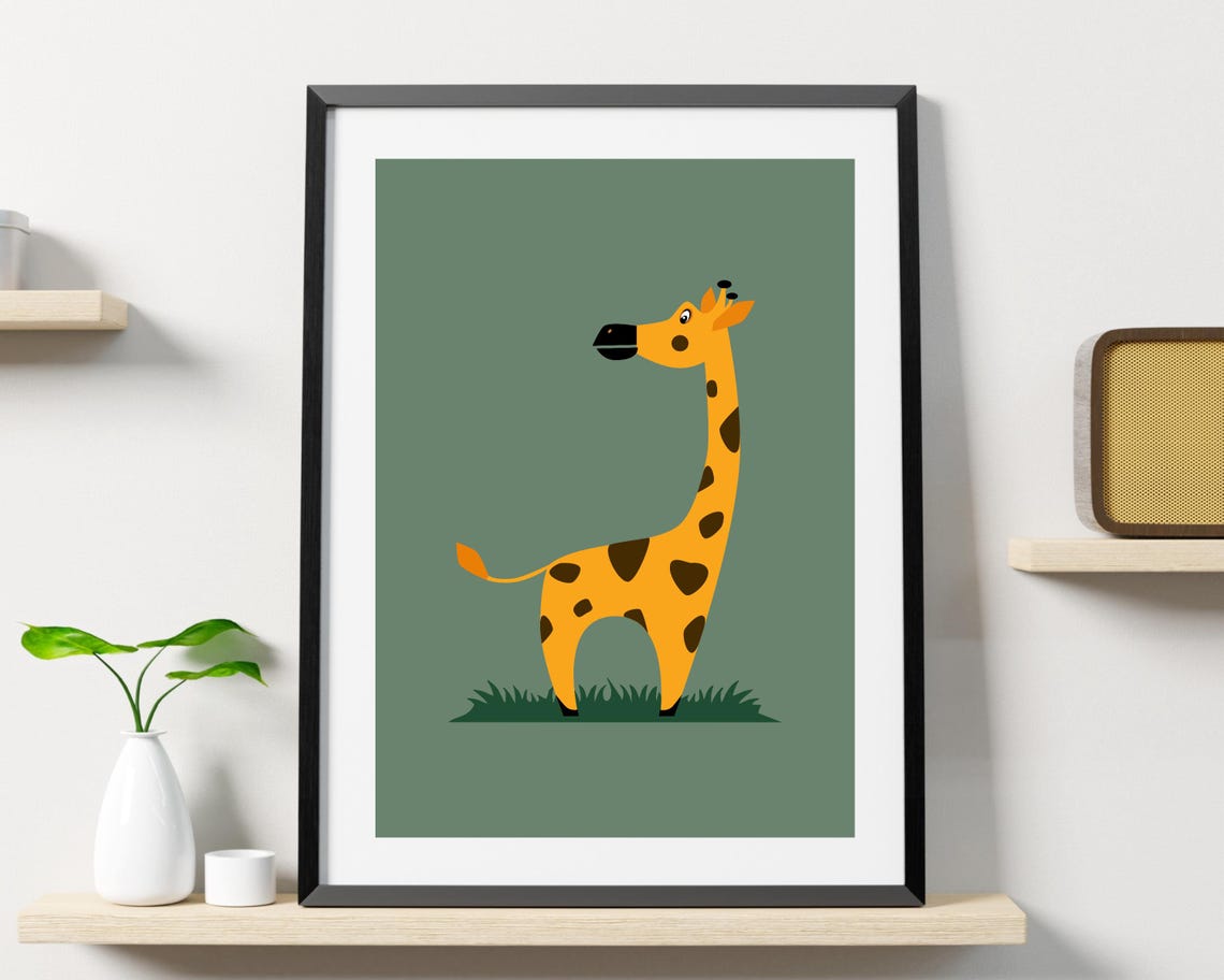 Friendly Tall Cartoon Giraffe on a Soft Sage Green Background Poster - Image 3
