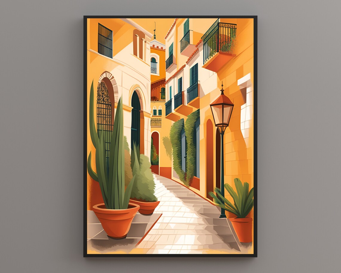 Seville Golden Alley With Balconies Lamppost Orange Trees Poster