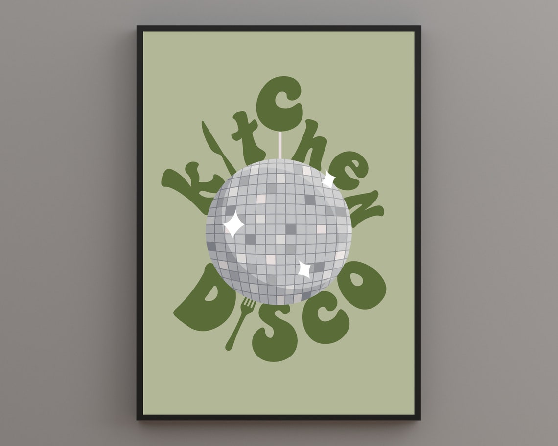 Kitchen Disco Green Groovy Disco Ball Retro Kitchen Typography Poster