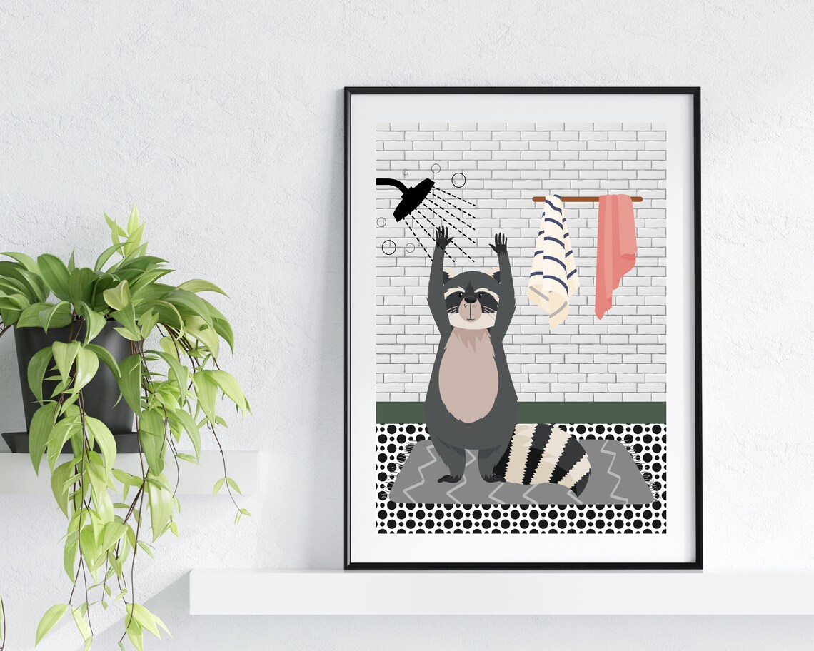 Racoon In The Shower Racoon In The Bathroom Print Animal In Bathroom White Bathroom Print Wild Animal In Shower Funny Animal Print - Image 3