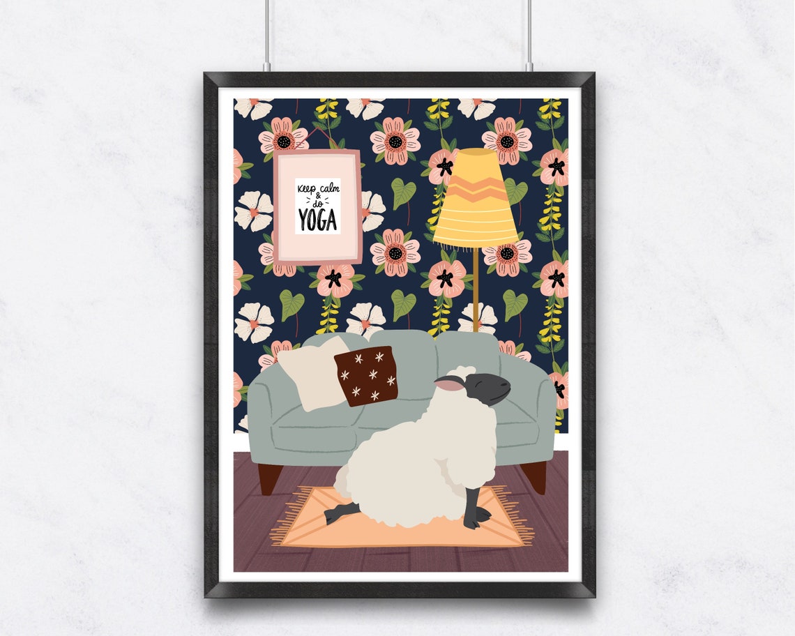 Sheep Sitting by Grey Sofa Funny Navy Floral Yoga Animal Poster - Image 2