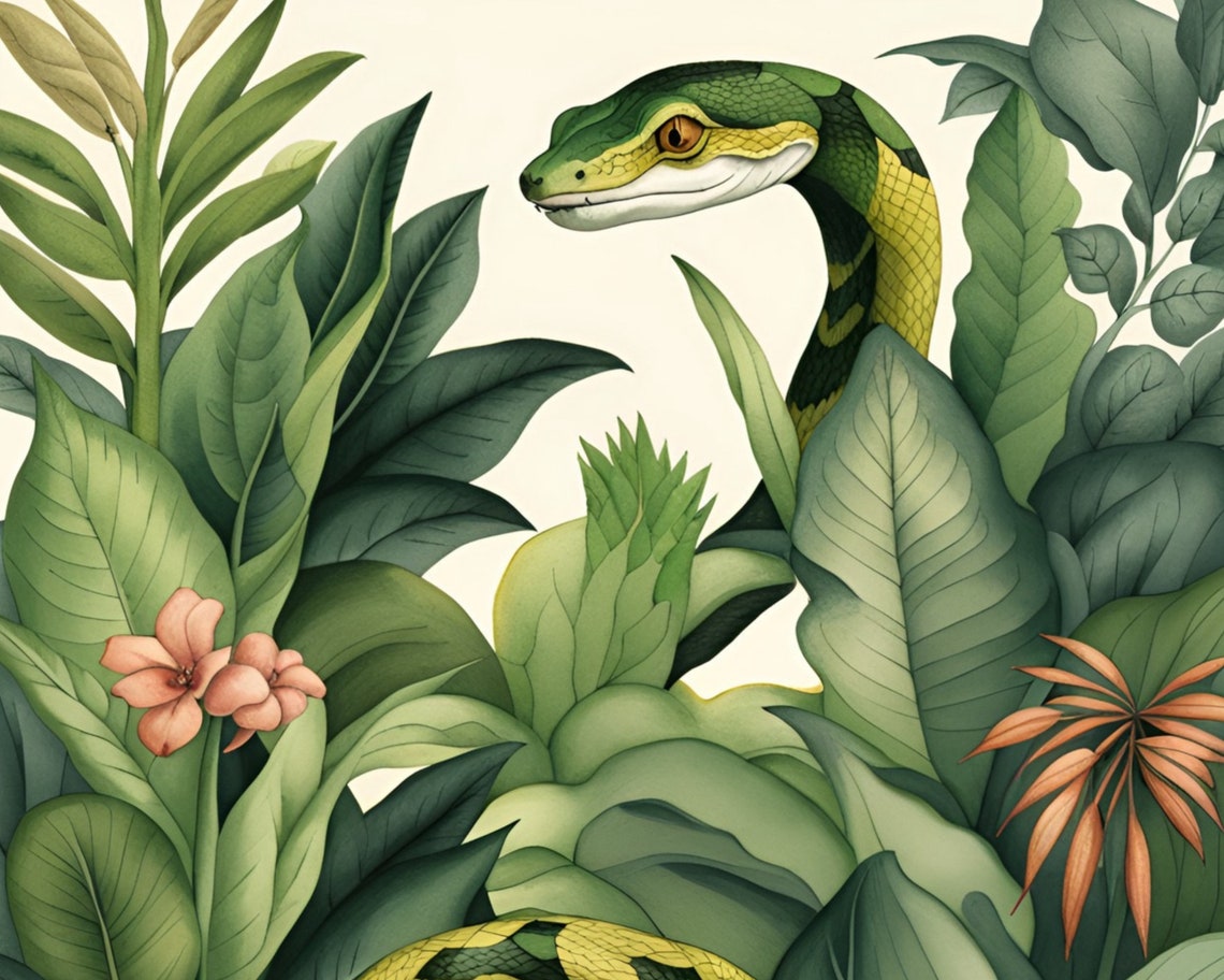 Bright Green Snake Coiled Gracefully Among Tropical Leaves Poster - Image 2