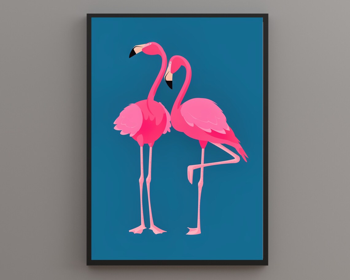 Pink Flamingos on Blue Background, Boho Animal Art Print