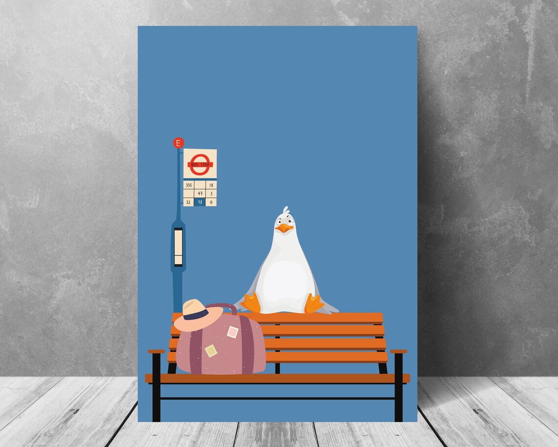 Seagull Waiting At Bus Stop With Suitcase Funny Bird Travel Poster - Image 2