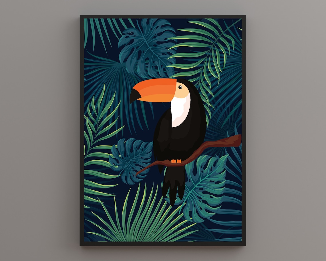 Toucan Perched on Branch Among Midnight Tropical Leaves Poster