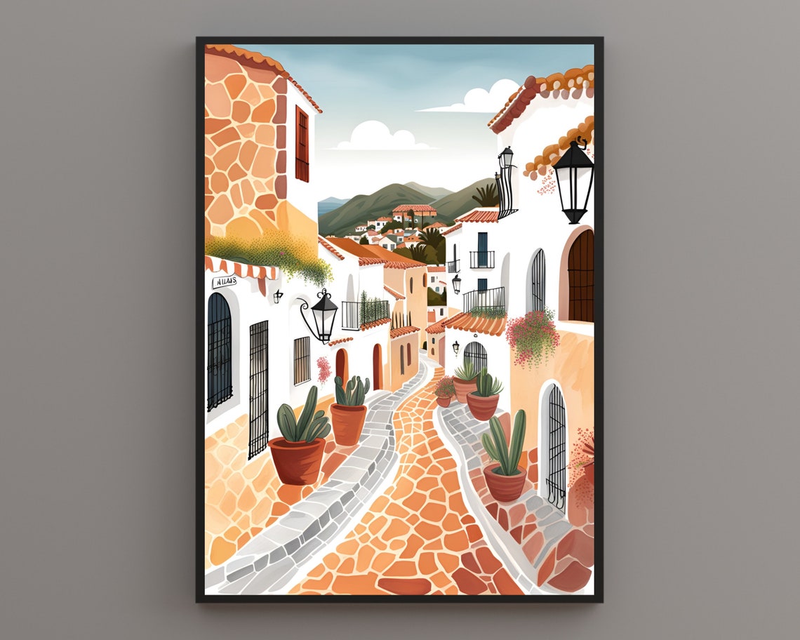 Mijas Whitewashed Village Street Cactus Pots Spain Daytime Poster