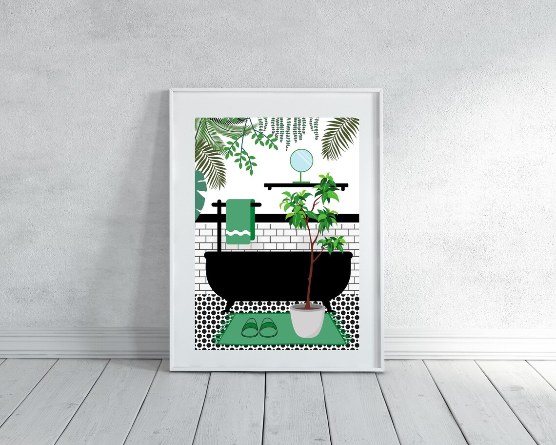 Green Bathroom Botanical House Plants Art Print - Image 3