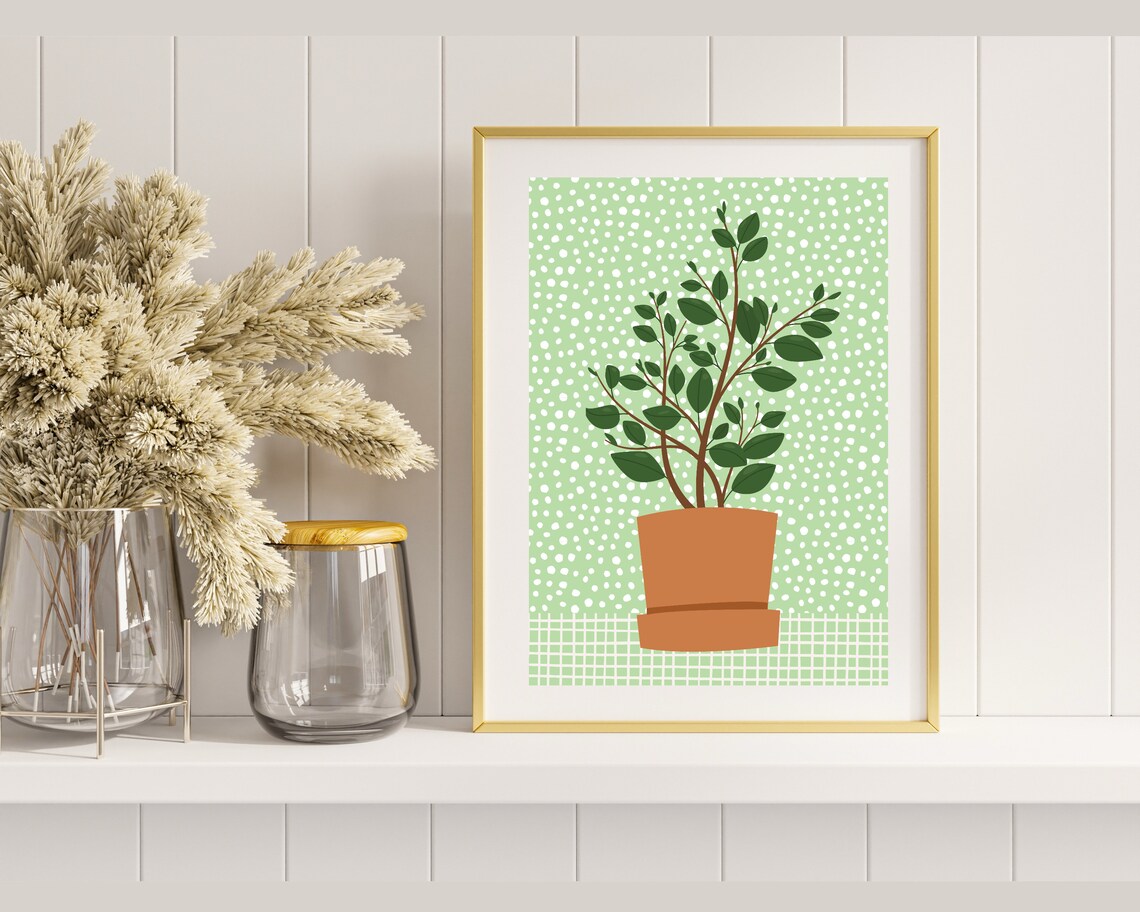 Leafy Potted Houseplant Terracotta Green Polka Dot Boho Poster - Image 3