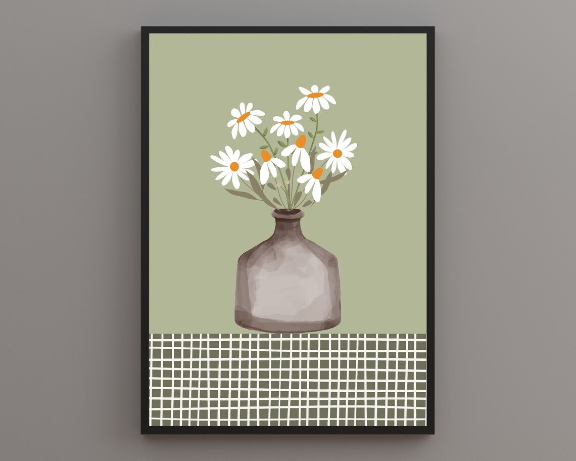 White Daisies In Glass Vase Calm Sage Green Botanical Poster