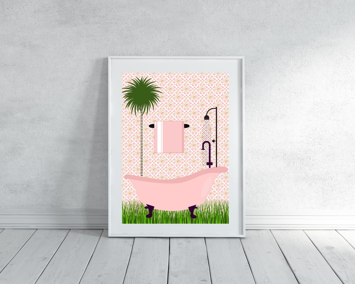 Pink Clawfoot Bathtub With A Palm Tree Botanical Bathroom Poster - Image 3