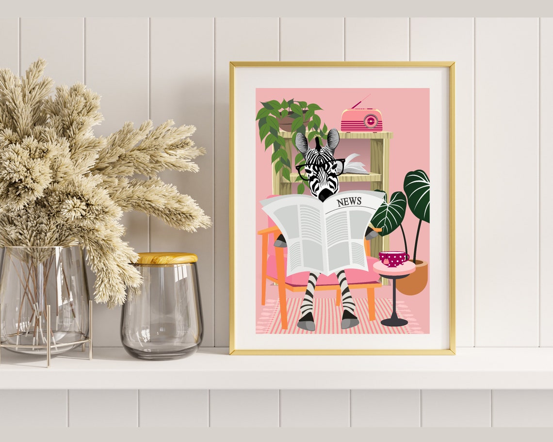 Zebra Reading Newspaper on Pink Chair Funny Spectacle Animal Poster - Image 2