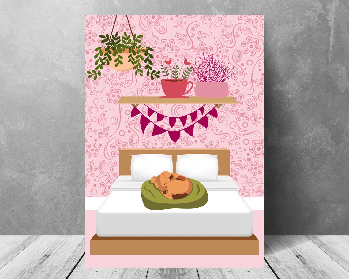 Sleeping Dog Curled Up In Green Pet Bed On Cozy Pink Bedroom Poster - Image 2