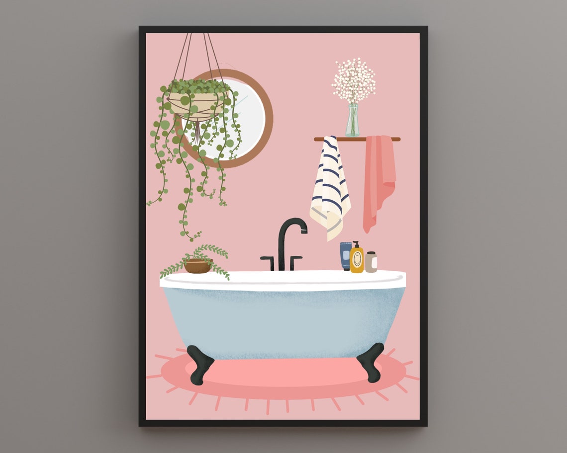 Pink Clawfoot Bathtub Scene With Hanging Plants Bathroom Poster