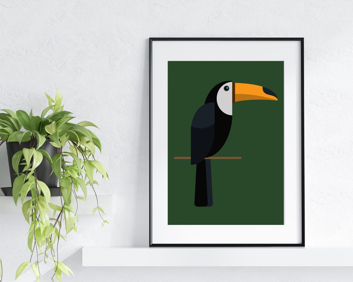 Toucan Perched On A Branch On A Dark Green Minimalist Bird Print - Image 3