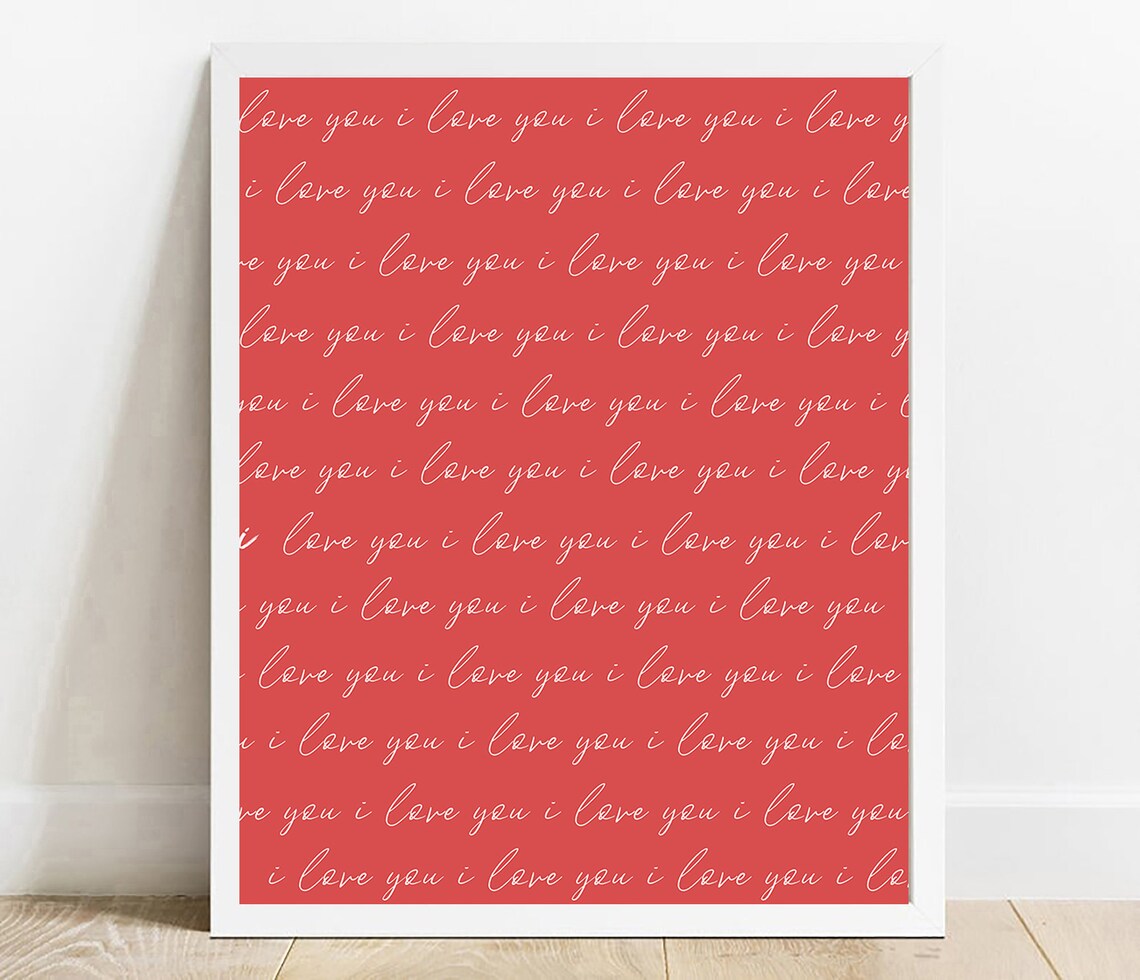 I Love You White Script Pattern on Red Romantic Love Quote Wall Art