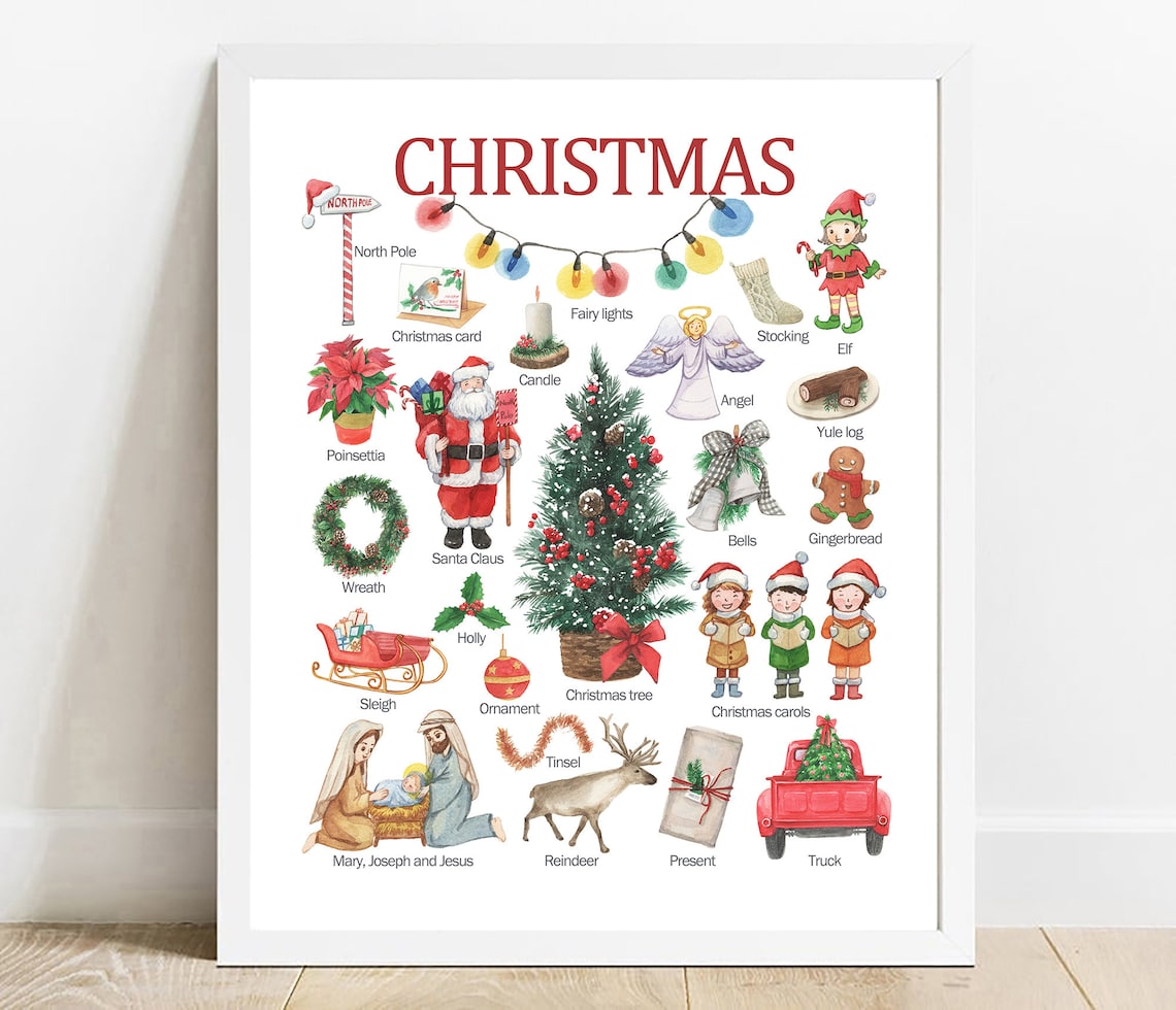Christmas Icons Watercolor Educational Holiday Chart Poster for Kids
