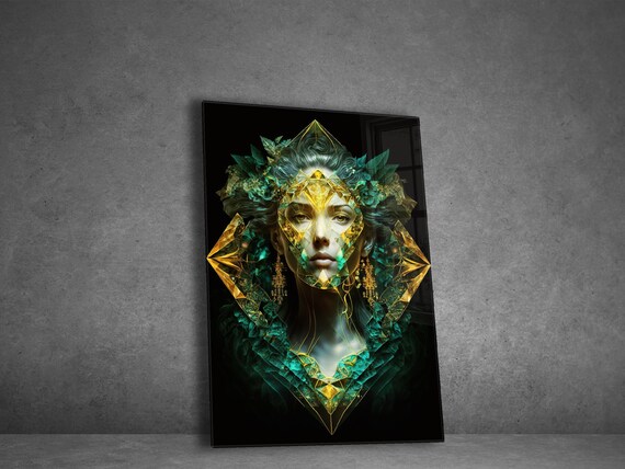 Emerald Crystal Woman Face Poster Green Gold Geometric Portrait Art