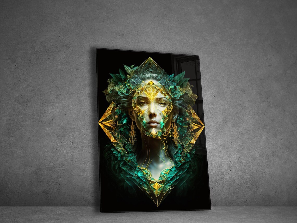 Emerald Crystal Woman Face Poster Green Gold Geometric Portrait Art