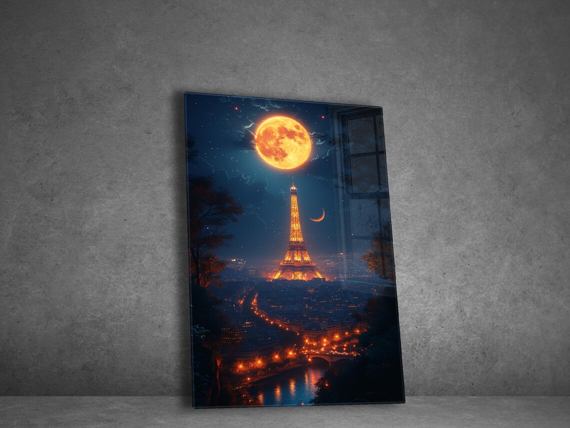 Paris Eiffel Tower Poster Night Giant Full Moon City Lights Art