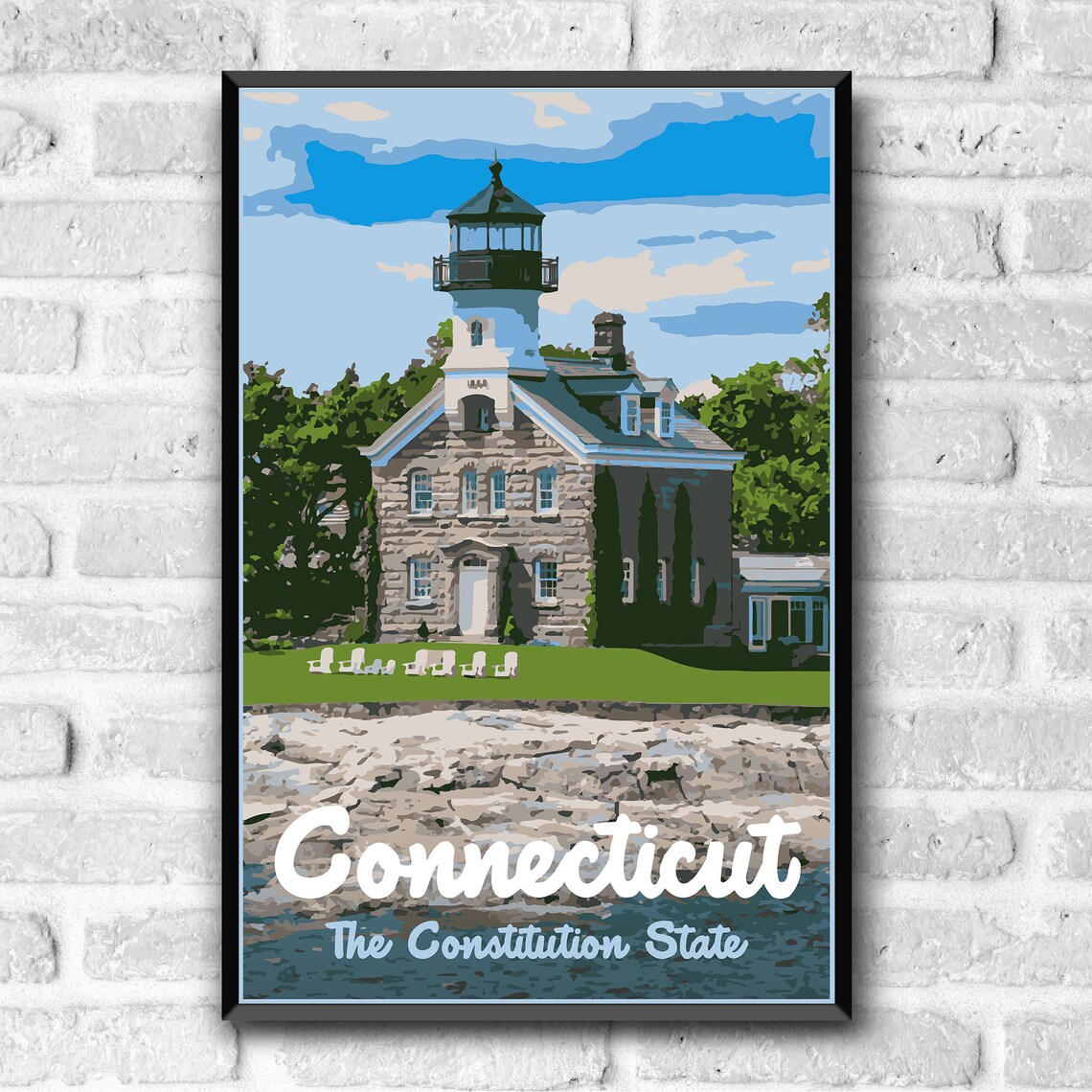 Connecticut The Constitution State Stone Lighthouse Vintage Poster - Image 3