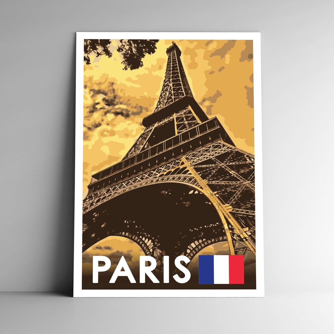 Paris Eiffel Tower Vintage Travel Poster Golden Sunset France Art