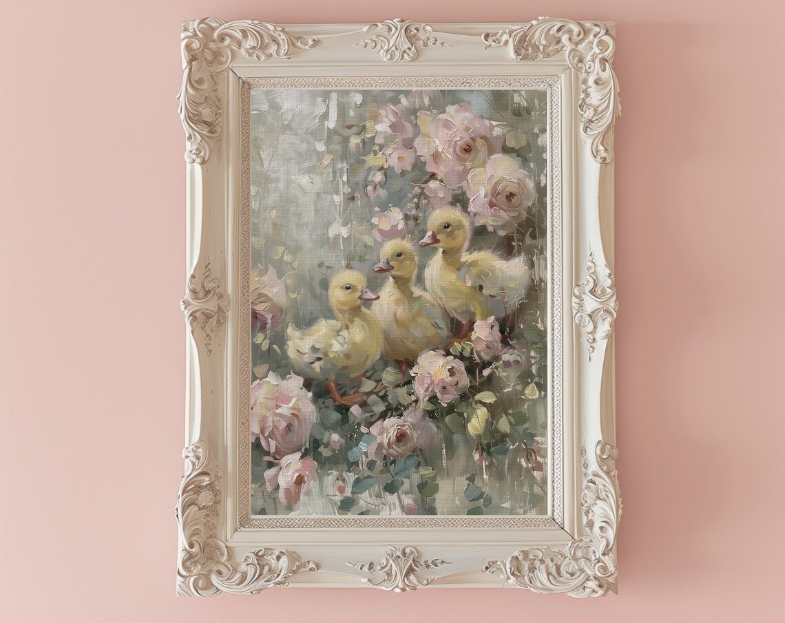 Three Fluffy Ducklings Nestled Among Pink Roses Vintage Print