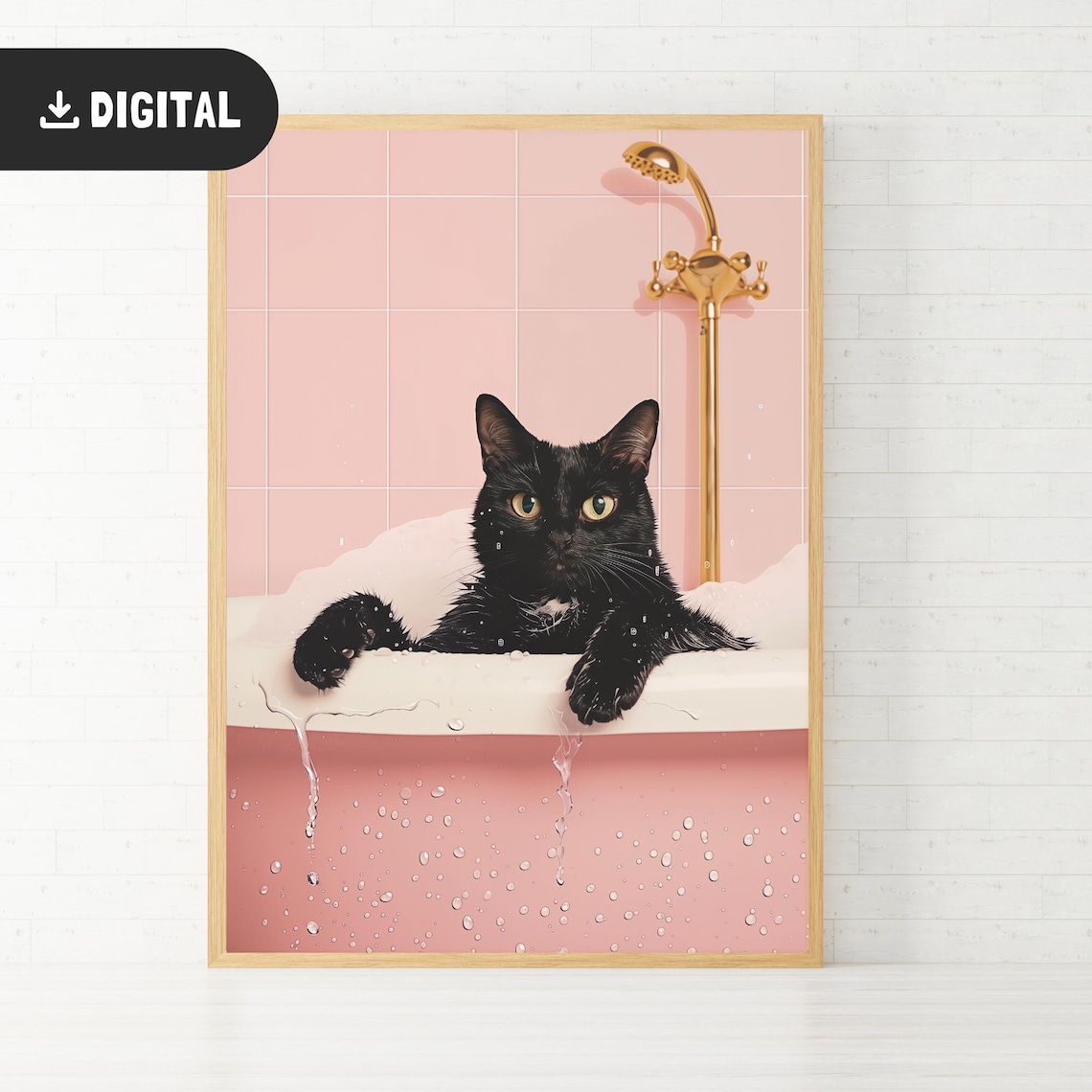 Black Cat in Pink Bathtub with Gold Shower Funny Cat Art Poster - Image 2