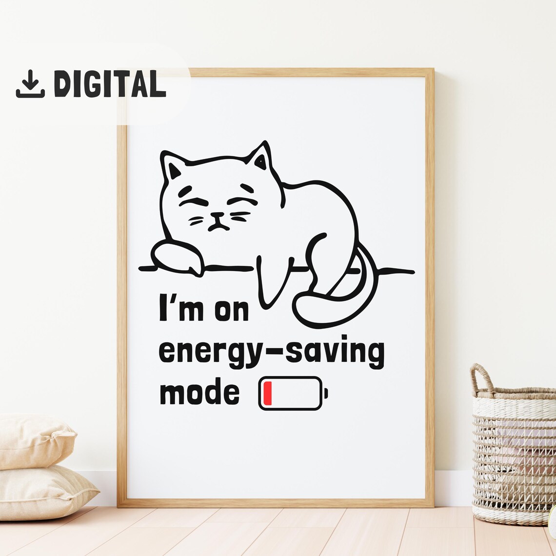 Funny Lazy Cat Energy Saving Mode Battery Quote Line Art Poster